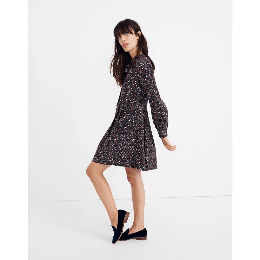 Madewell Balsam Tie Neck Silk Dress 0 Starry Night Mini Long Sleeve XS - Picture 2 of 11